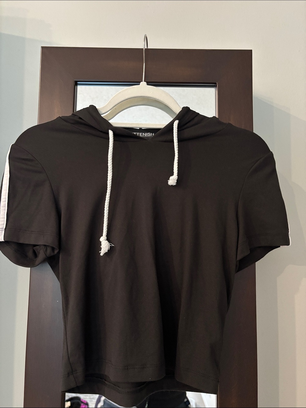 Kittenish Black Hooded Short-Sleeve Shirt with Contrast Drawstrings
